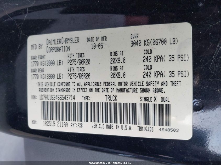 2006 Dodge Ram 1500 Laramie VIN: 1D7HU18246S543714 Lot: 43436054