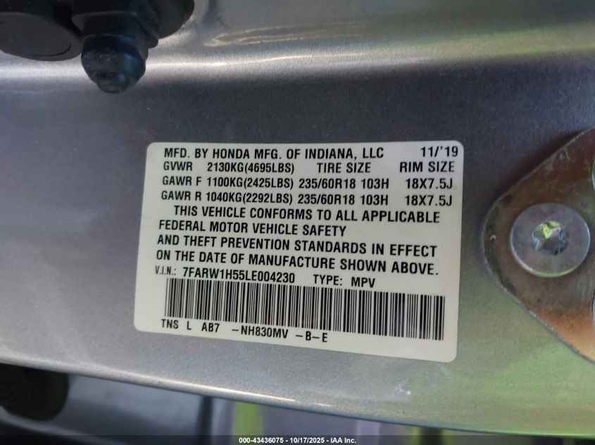 2020 Honda Cr-V 2Wd Ex VIN: 7FARW1H55LE004230 Lot: 43436075