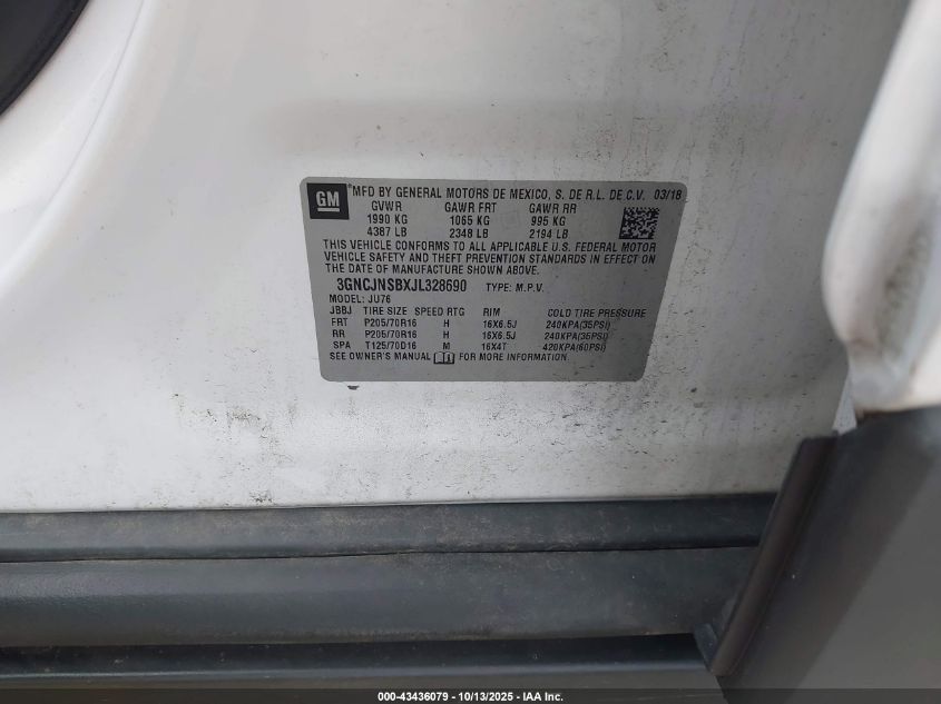 2018 Chevrolet Trax Ls VIN: 3GNCJNSBXJL328690 Lot: 43436079