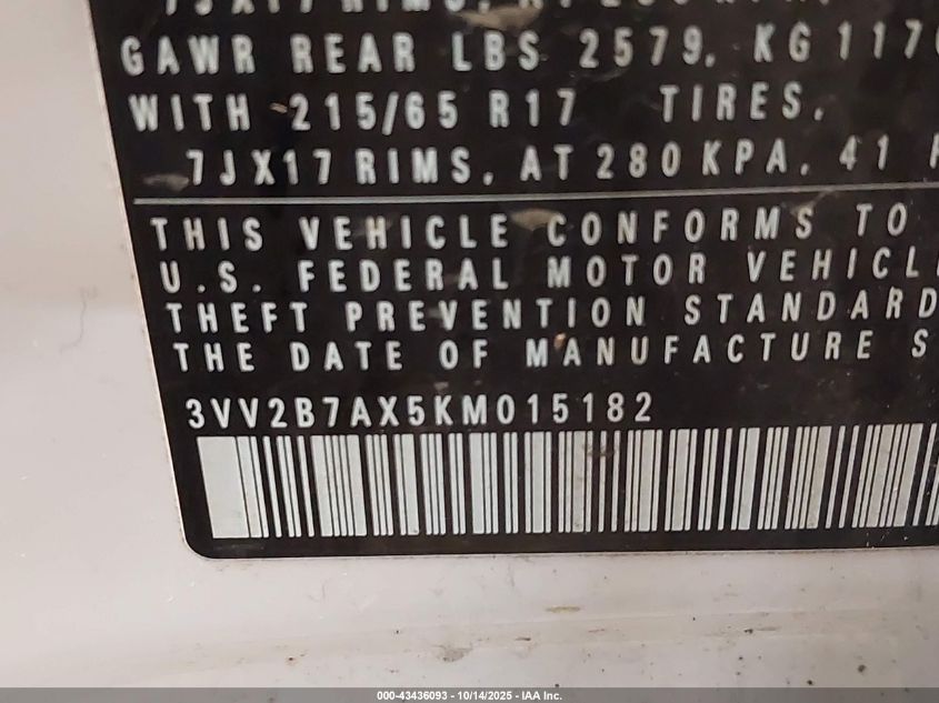 2019 Volkswagen Tiguan 2.0T Se/2.0T Sel/2.0T Sel R-Line/2.0T Sel R-Line Black VIN: 3VV2B7AX5KM015182 Lot: 43436093