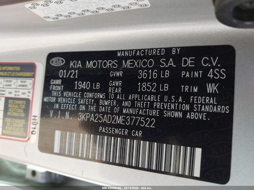 2021 Kia Rio 5-Door S VIN: 3KPA25AD2ME377522 Lot: 43436105