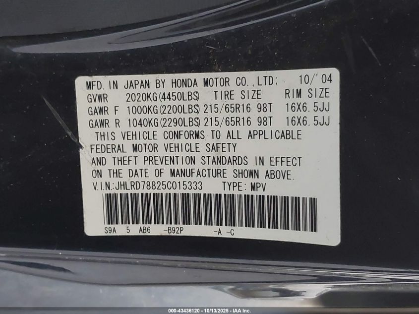 2005 Honda Cr-V Ex VIN: JHLRD78825CD15333 Lot: 43436120
