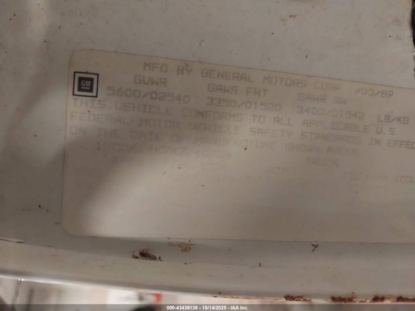 1989 Chevrolet Gmt-400 K1500 VIN: 1GCDK14K9KZ240238 Lot: 43436136