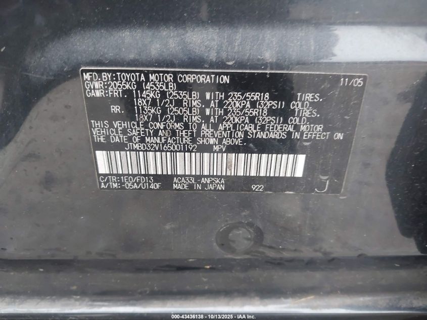 2006 Toyota Rav4 Sport VIN: JTMBD32V165001192 Lot: 43436138