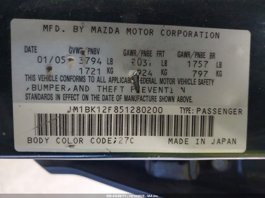 2005 Mazda Mazda3 I VIN: JM1BK12F851280200 Lot: 43436171