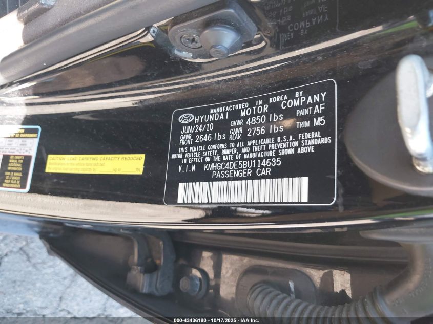 2011 Hyundai Genesis 3.8 VIN: KMHGC4DE5BU114635 Lot: 43436180