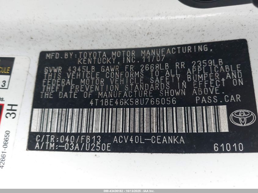 2008 Toyota Camry Le VIN: 4T1BE46K58U766056 Lot: 43436182