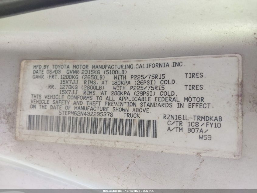2003 Toyota Tacoma VIN: 5TEPM62N43Z295378 Lot: 43436183
