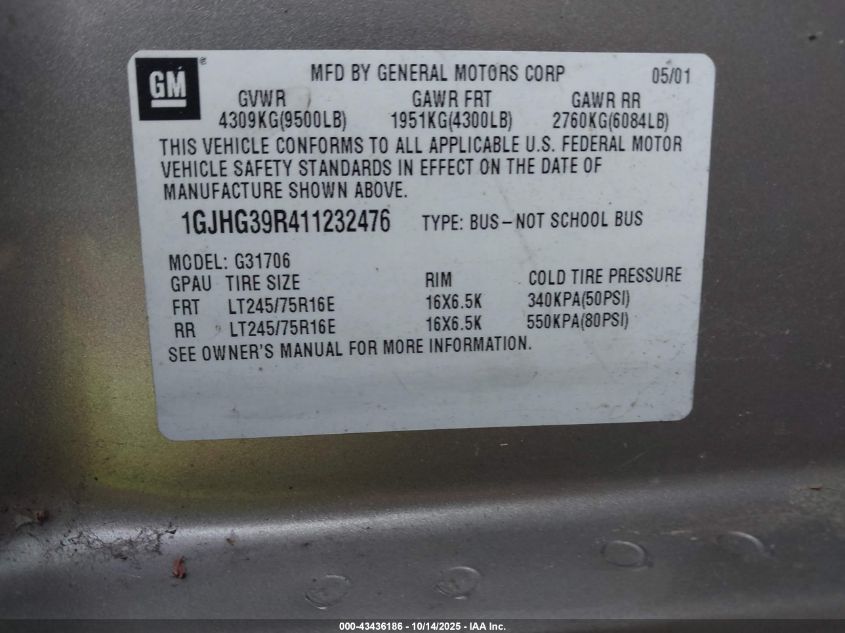 2001 GMC Savana Standard VIN: 1GJHG39R411232476 Lot: 43436186