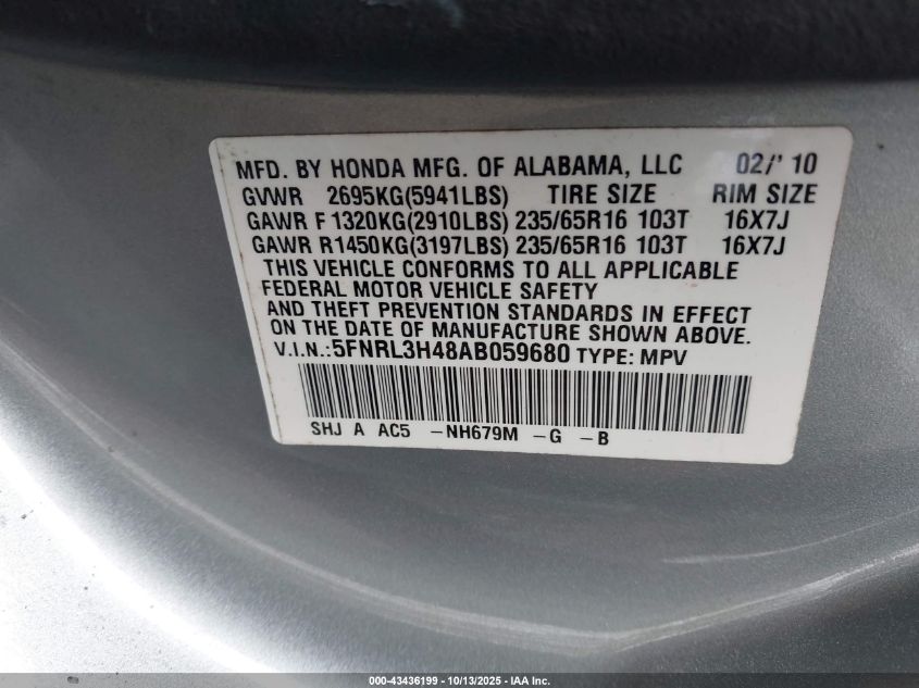 2010 Honda Odyssey Ex VIN: 5FNRL3H48AB059680 Lot: 43436199