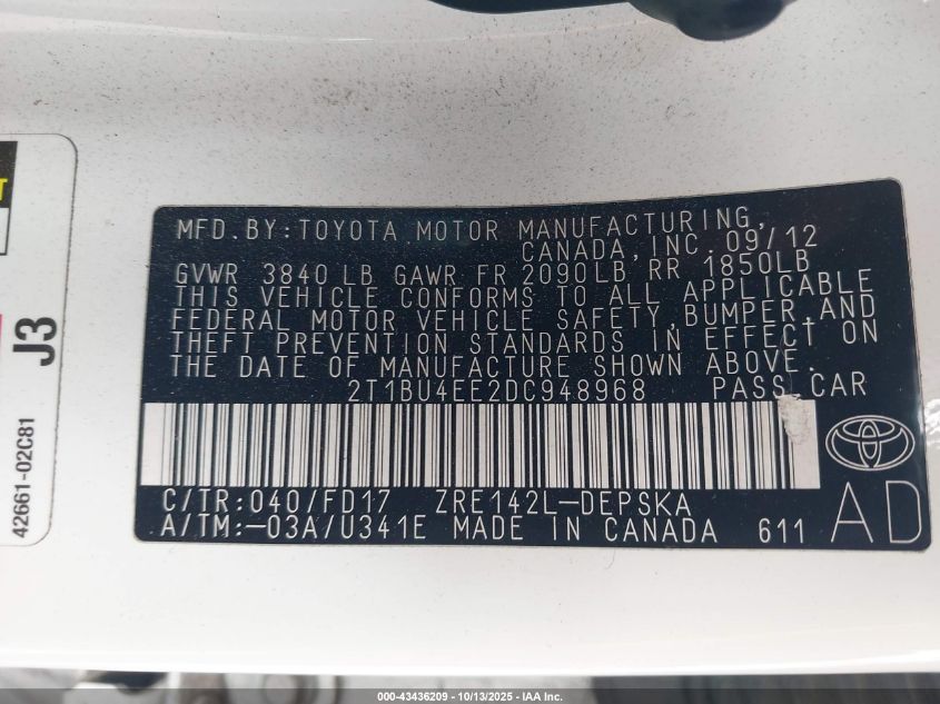 2013 Toyota Corolla S VIN: 2T1BU4EE2DC948968 Lot: 43436209