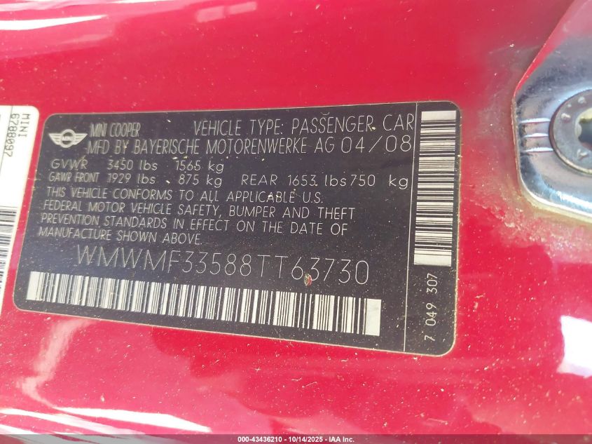 2008 Mini Cooper VIN: WMWMF33588TT63730 Lot: 43436210