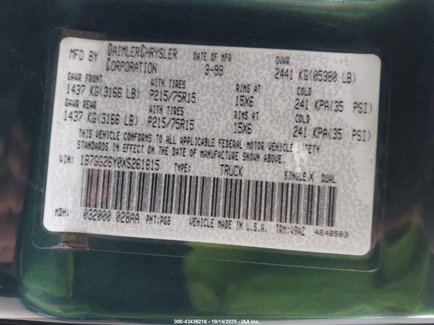 1999 Dodge Dakota Slt/Sport VIN: 1B7GG26Y0XS261615 Lot: 43436216