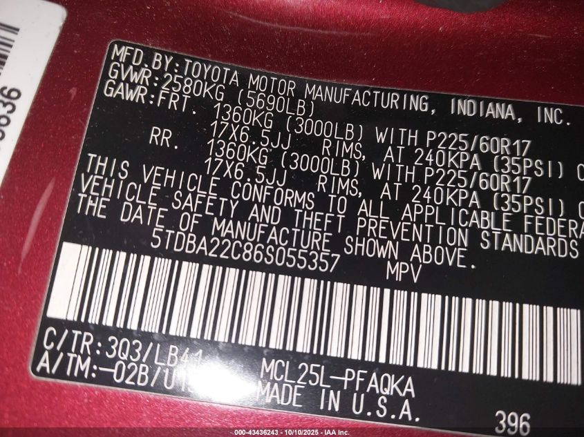 2006 Toyota Sienna Xle Limited VIN: 5TDBA22C86S055357 Lot: 43436243