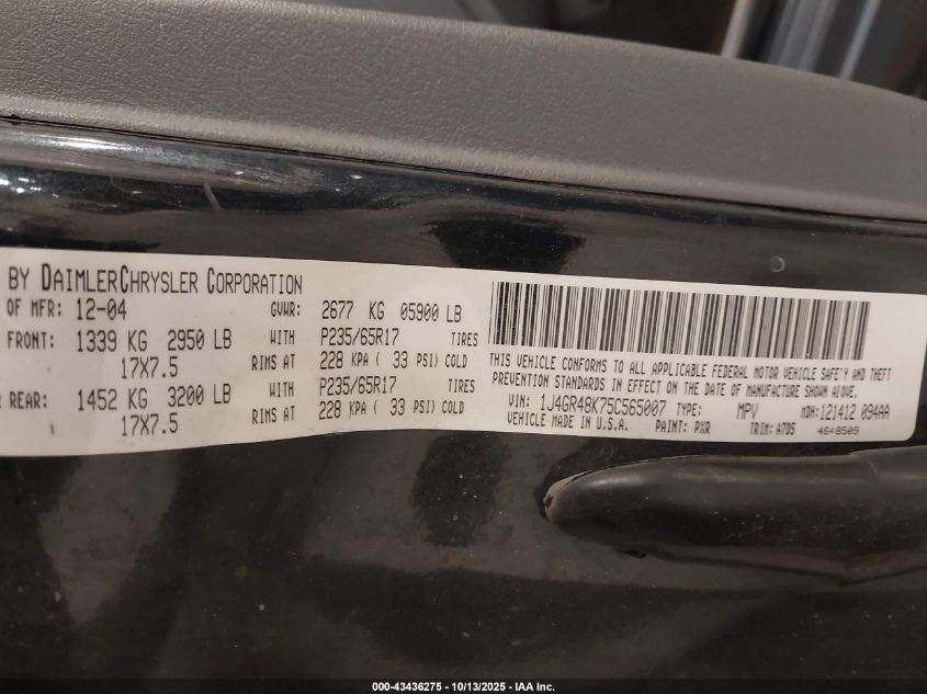 2005 Jeep Grand Cherokee Laredo VIN: 1J4GR48K75C565007 Lot: 43436275