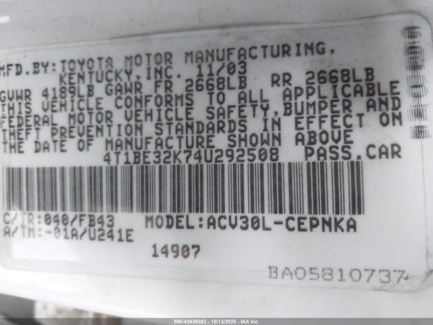 2004 Toyota Camry Le VIN: 4T1BE32K74U292508 Lot: 43436303