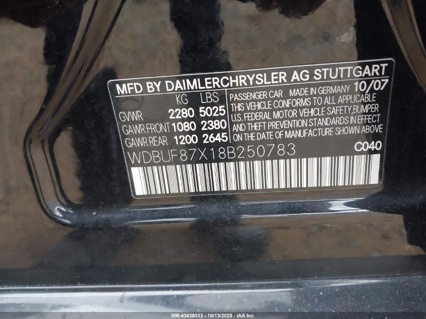 2008 Mercedes-Benz E 350 4Matic VIN: WDBUF87X18B250783 Lot: 43436313