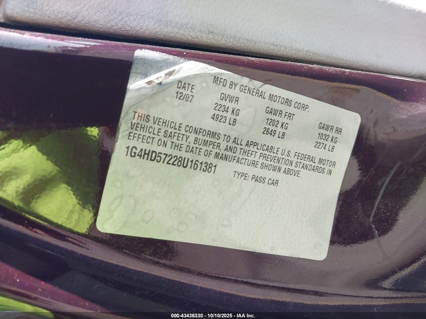 2008 Buick Lucerne Cxl VIN: 1G4HD57228U161381 Lot: 43436330