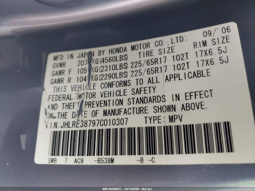 2007 Honda Cr-V Ex-L VIN: JHLRE38797C010307 Lot: 43436331