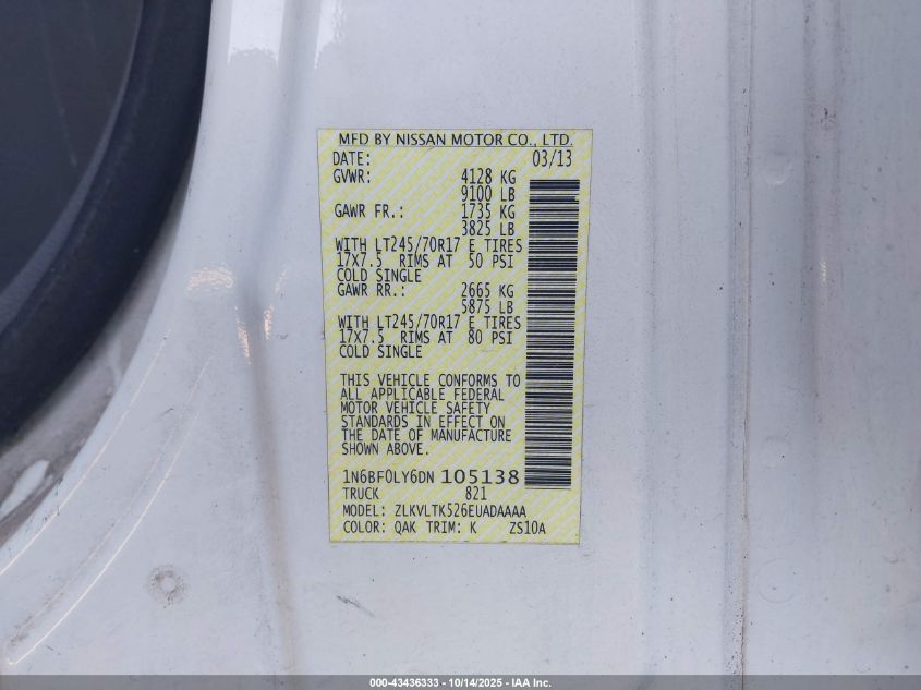 2013 Nissan Nv Cargo Nv2500 Hd Sv V6 VIN: 1N6BF0LY6DN105138 Lot: 43436333