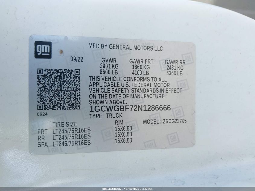 2022 Chevrolet Express Cargo Rwd 2500 Extended Wheelbase Wt VIN: 1GCWGBF72N1286666 Lot: 43436337