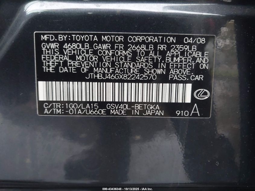 2008 Lexus Es 350 VIN: JTHBJ46GX82242570 Lot: 43436348