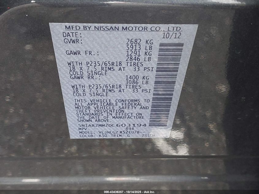 2013 Nissan Pathfinder Sl VIN: 5N1AR2MM2DC603194 Lot: 43436357