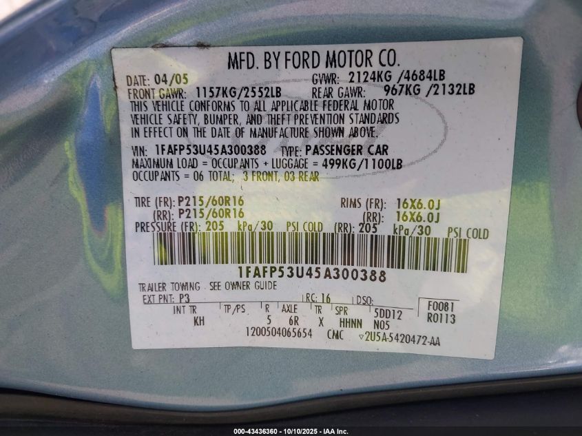 2005 Ford Taurus Se VIN: 1FAFP53U45A300388 Lot: 43436360