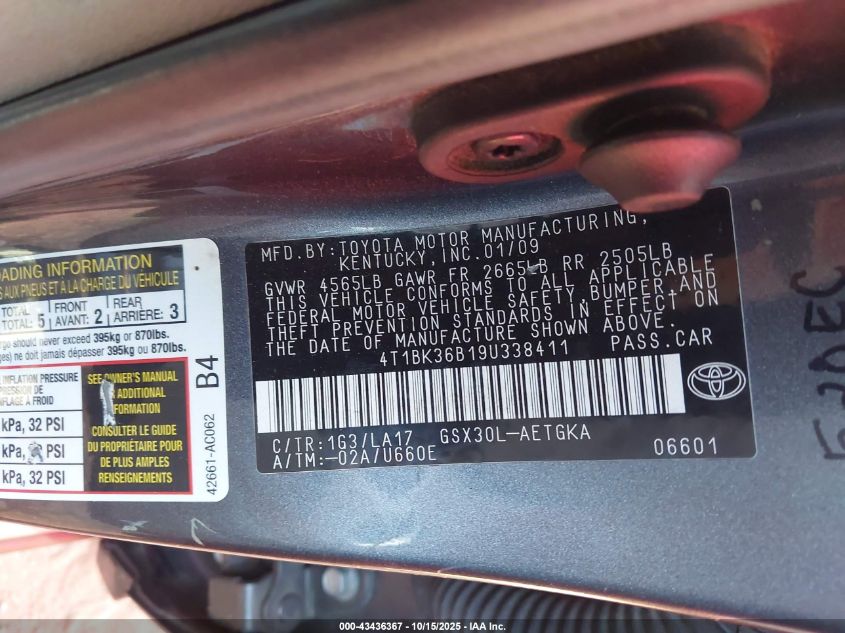 2009 Toyota Avalon Xls VIN: 4T1BK36B19U338411 Lot: 43436367