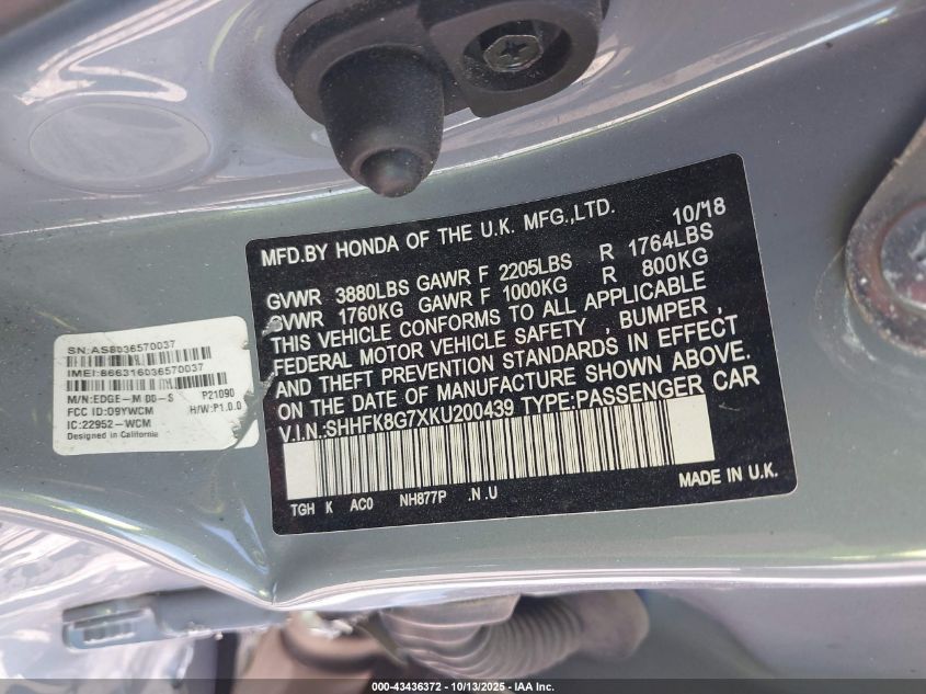 2019 Honda Civic Type R Touring VIN: SHHFK8G7XKU200439 Lot: 43436372