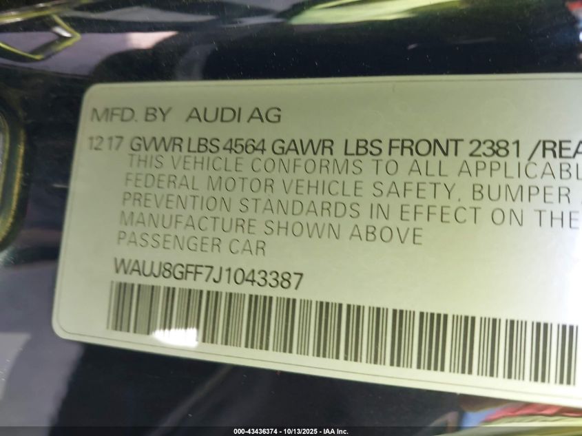2018 Audi A3 2.0T Premium/2.0T Tech Premium VIN: WAUJ8GFF7J1043387 Lot: 43436374
