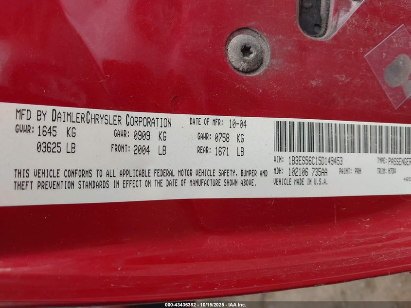 1B3ES56C15D149453 2005 DODGE NEON photo no. 9