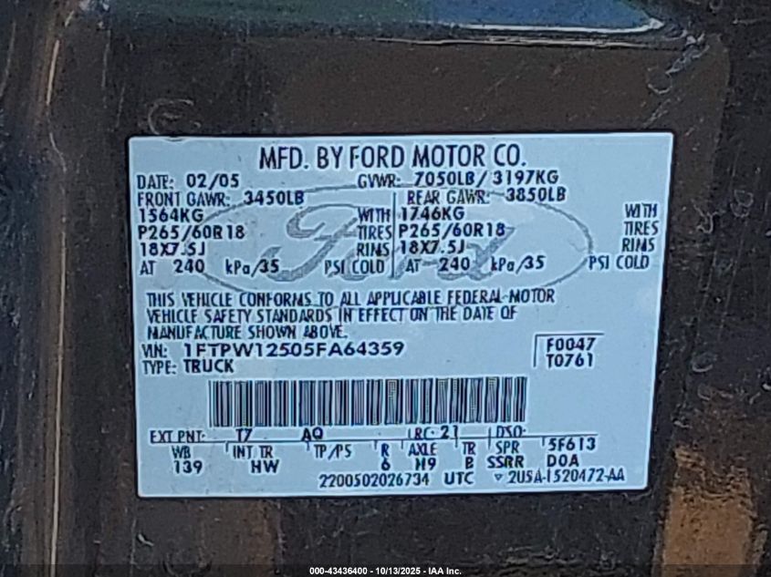 2005 Ford F-150 Lariat/Xlt VIN: 1FTPW12505FA64359 Lot: 43436400