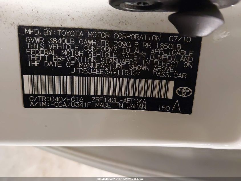 2010 Toyota Corolla Le VIN: JTDBU4EE3A9115407 Lot: 43436402