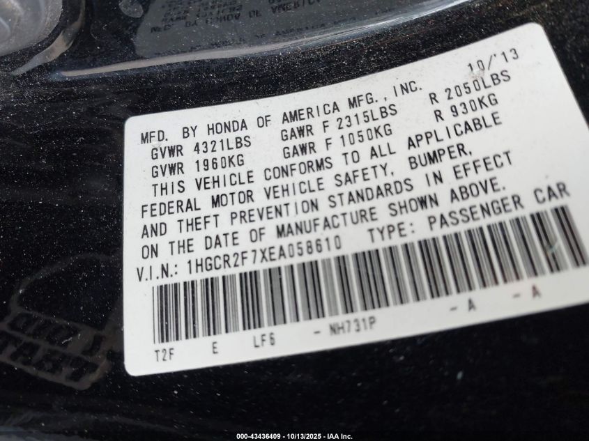 2014 Honda Accord Ex VIN: 1HGCR2F7XEA058610 Lot: 43436409