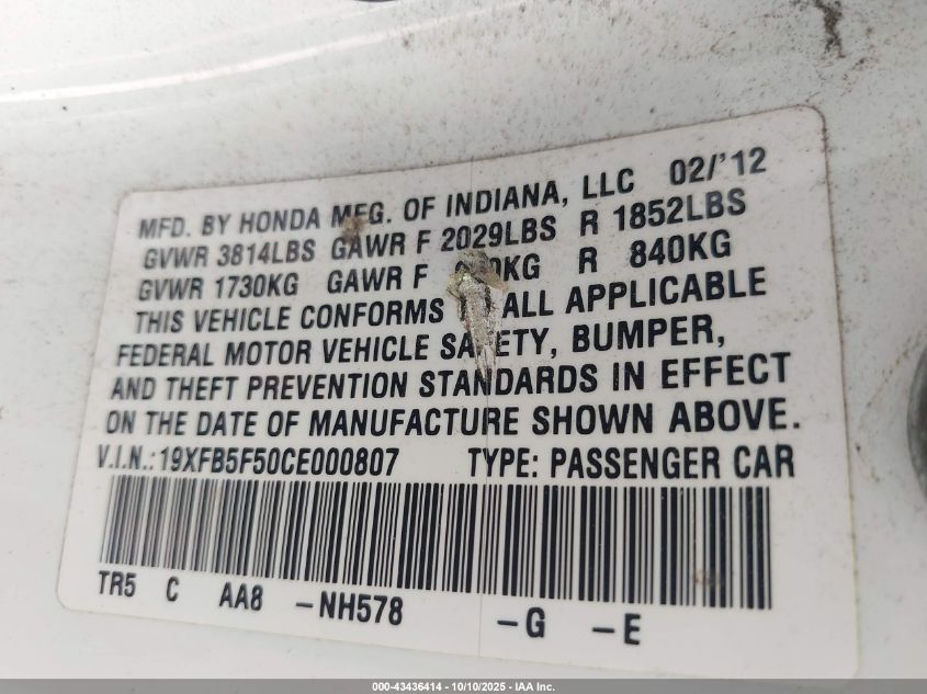 2012 Honda Civic Natural Gas VIN: 19XFB5F50CE000807 Lot: 43436414