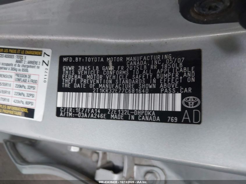 2007 Toyota Matrix VIN: 2T1KR32E77C681640 Lot: 43436438