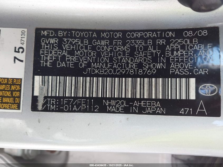 2009 Toyota Prius VIN: JTDKB20U297818769 Lot: 43436439