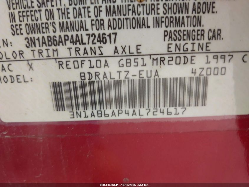 2010 Nissan Sentra 2.0S VIN: 3N1AB6AP4AL724617 Lot: 43436441