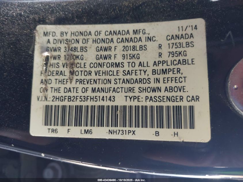 2015 Honda Civic Lx VIN: 2HGFB2F53FH514143 Lot: 43436466