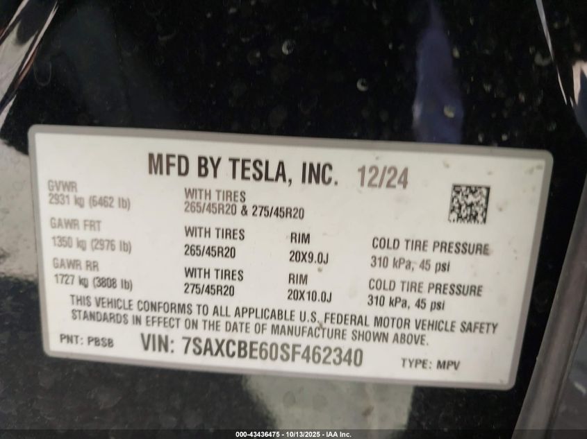 2025 Tesla Model X Plaid VIN: 7SAXCBE60SF462340 Lot: 43436475