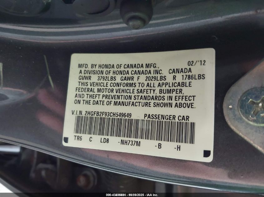 2012 Honda Civic Ex-L VIN: 2HGFB2F93CH549649 Lot: 43436481