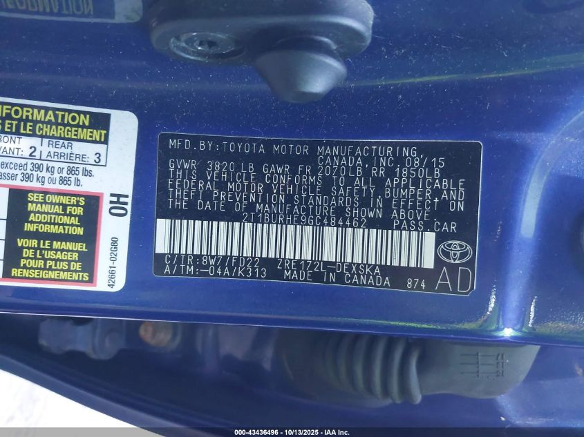 2016 Toyota Corolla S Plus VIN: 2T1BURHE9GC484462 Lot: 43436496