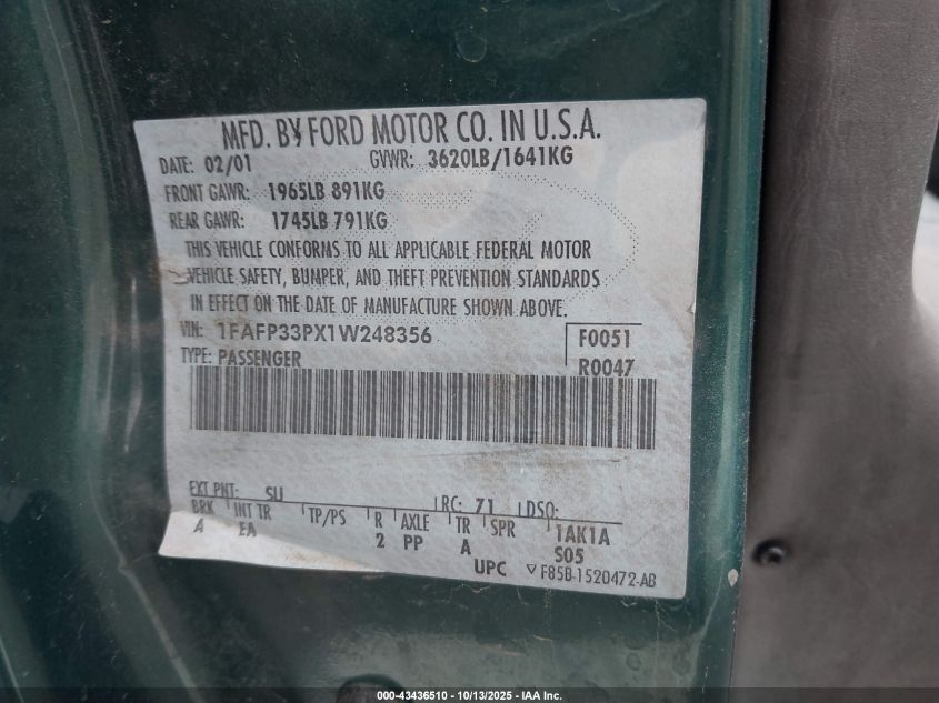 2001 Ford Focus Lx VIN: 1FAFP33PX1W248356 Lot: 43436510