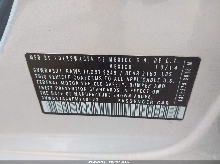 2015 Volkswagen Jetta 1.8T Se VIN: 3VWD17AJ4FM240623 Lot: 43436523