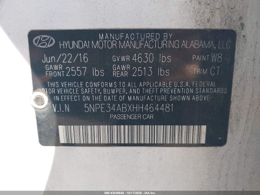 2017 Hyundai Sonata Sport 2.0T VIN: 5NPE34ABXHH464481 Lot: 43436548