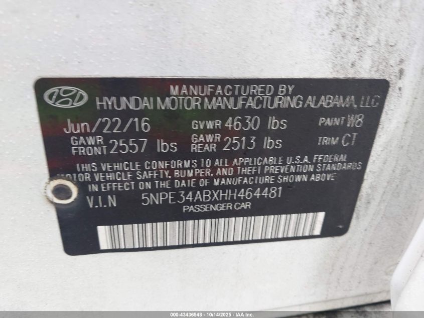 2017 Hyundai Sonata Sport 2.0T VIN: 5NPE34ABXHH464481 Lot: 43436548