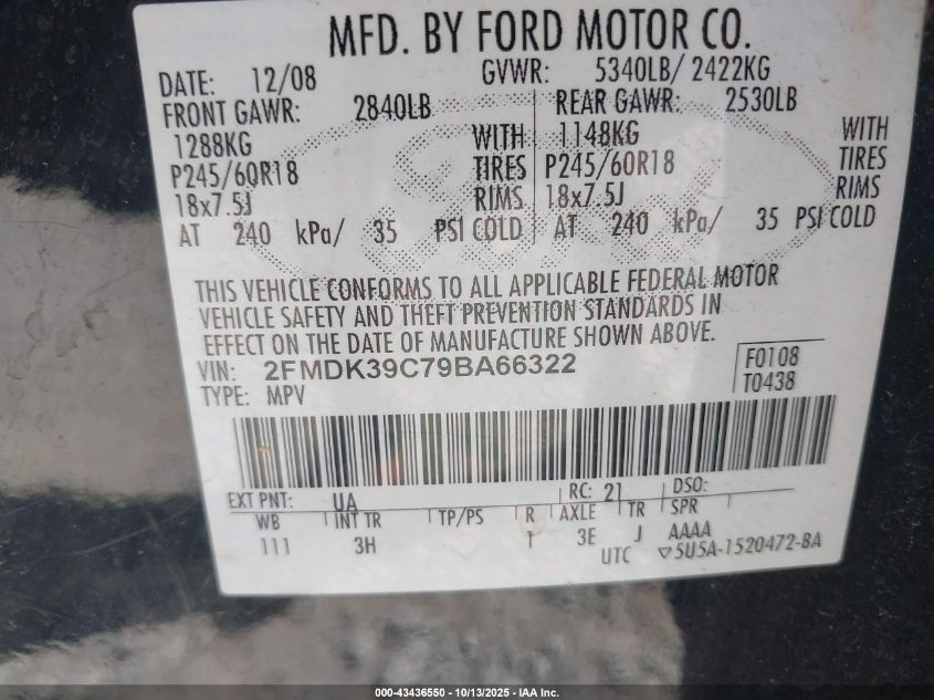 2009 Ford Edge Limited VIN: 2FMDK39C79BA66322 Lot: 43436550