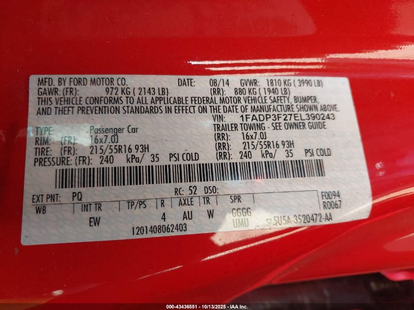 2014 Ford Focus Se VIN: 1FADP3F27EL390243 Lot: 43436551