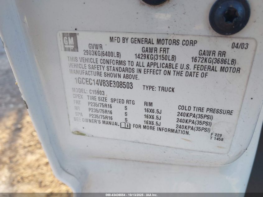 2003 Chevrolet Silverado 1500 Work Truck VIN: 1GCEC14V83E308503 Lot: 43436554
